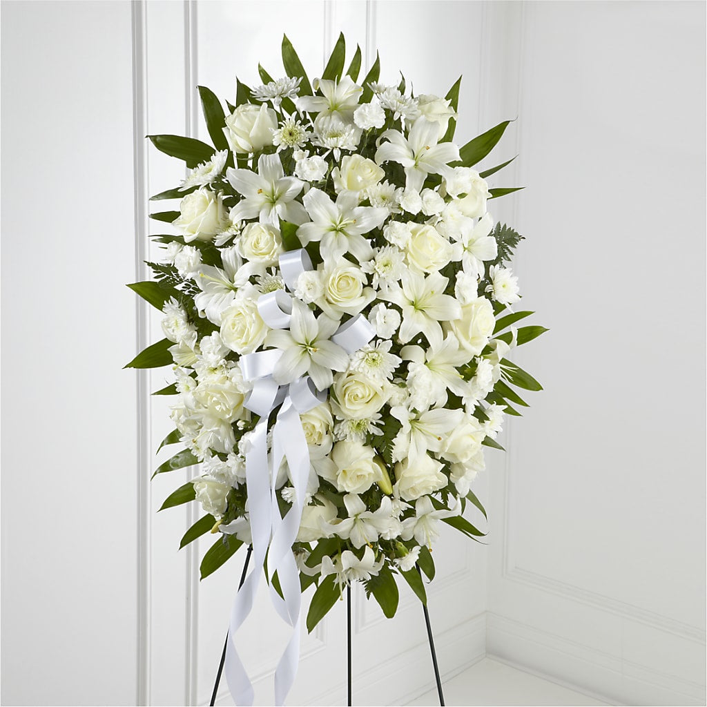 Exquisite Tribute Standing Spray-White Ribbon – Fj Florist, Houston TX