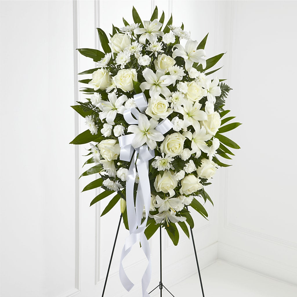 Exquisite Tribute Standing Spray-White Ribbon – Fj Florist, Houston TX